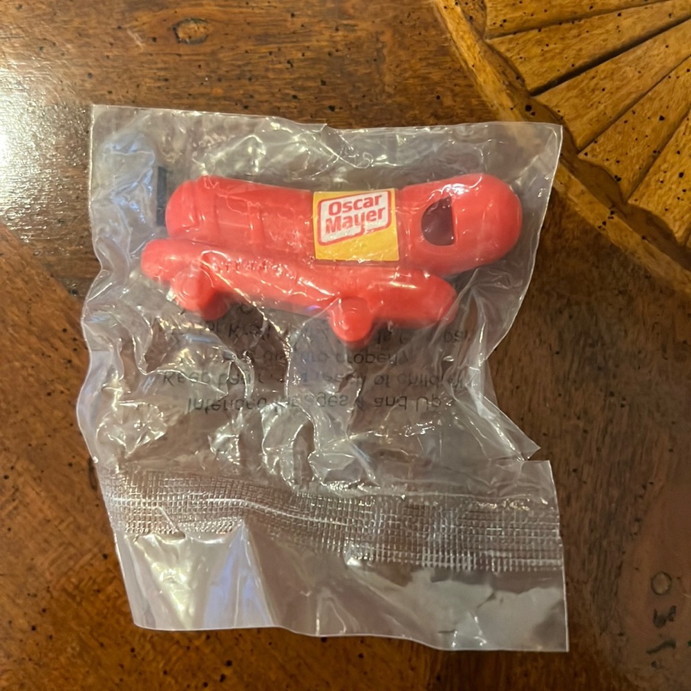 Vintage Oscar Mayer Weiner Toy Whistle in original packaging